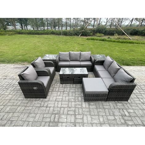 Fimous Polyrattan Sofa Set 11-Sitzer Terrassen Gartenmöbelset mit 2 Liegestühle Couchtisch 2 Beistelltischen 3 Hockern Dunkelgrau Gemischt (1/5)
