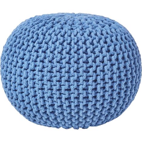 HOMESCAPES Blue Round Cotton Knitted Pouffe Footstool