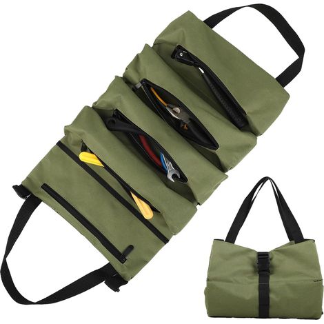 (Vert)Sac à Outils Enroulable en Toile Trousse à Outils avec 5 Poches Zippées Pour Électriciens, Plombiers, Charpentiers, Ménage, Voitures et Motos (1/5)