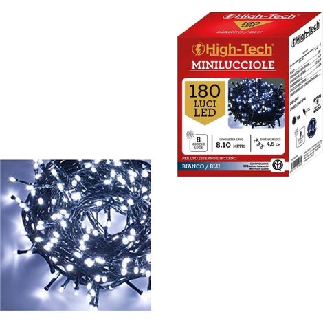 HIGH-TECH FILO LED 180 LUCI MINILUCCIOLE BIANCO/BLU CON 8 GIOCHI DI LUCE LUNGHEZZA 8.10 MT USO INTERNO E ESTERNO (1/5)