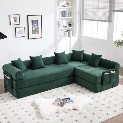 Sofá modular 270x180x64 cm de pana verde esmeralda con almacenaje FloraGrace (1/5)