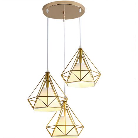 3 Flammig Pendelleuchte Retro Diamant Käfig Eisen E27 Runde Basis für Flur Küche Schlafzimmer Wohnzimmer Cafét (Gold)