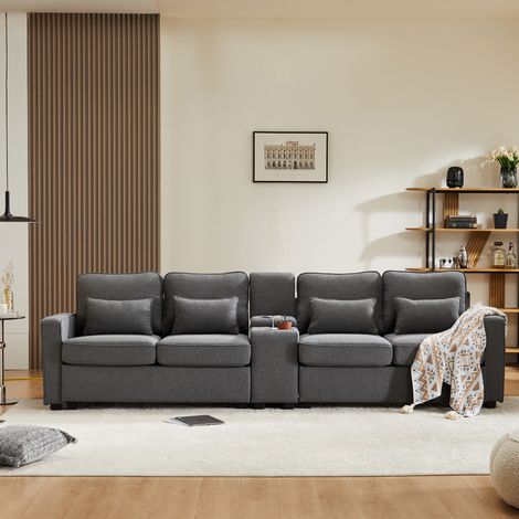 Canapé 4 plazas de lino gris oscuro 290x83x88 cm con consola, 2 portavasos y 2 puertos USB (1/5)