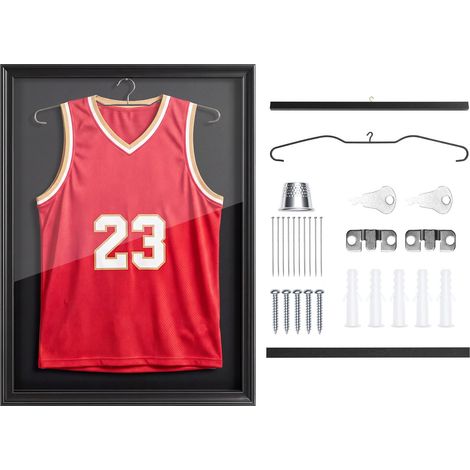 Mophorn Marco de madera para camisetas 70 x 90 x 4 cm, vitrina con panel de policarbonato con protección UV, ideal para exhibir uniformes de baloncesto, fútbol y béisbol, color negro (1/5)