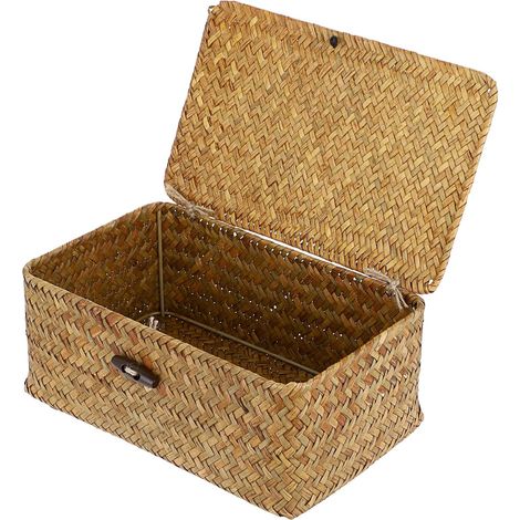 Bacs de rangement en osier tissé avec couvercle - Caramels en jonc de mer naturel (M, 26 x 16 x 10.5 cm)