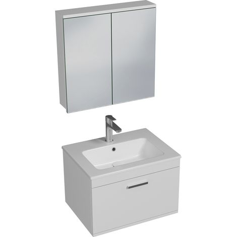 RUBITE Meuble salle de bain simple vasque 1 tiroir blanc largeur 60 cm + miroir armoire (1/5)
