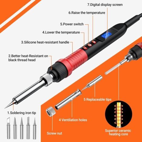 NALOOKAMIC Fer a Souder Kit, 80W Fer a Souder Réglable avec Écran LCD (220℃500℃),Station de Soudage,Pstolet a Souder,Fil de Soudure,5 Pointes à Souder, Pince à dénuder, Sac à Outils Portable (1/3)