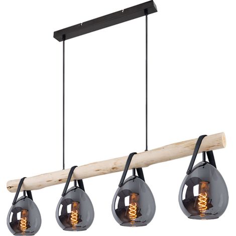 Lampe à suspension, lampe de table à manger, 4 flammes, lampe en bois, lampe de salon, lampe suspendue, verre fumé, 4x E27, LxH 100 x 117 cm (1/5)