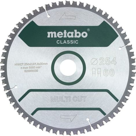 Metabo – Lame de scie circulaire 254mm pour bois dur et aggloméré – Alésage 30mm, 60 dents – Coupe nette – 628285000