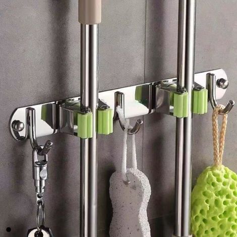 Porte Balai Mural - Sincerity - Acier Inoxydable 304 - 2 Clips - 3 Crochets - Vert-Ywey (1/4)