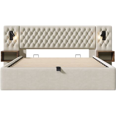 Letto contenitore idraulico 180x200 cm con 2 comodini, luci lettura USB-C, velluto beige (1/5)