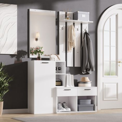 Armadio da ingresso, appendiabiti per la zona d'ingresso, con scarpiera, specchio e ganci appendiabiti, armadio compatto con 2 cassetti, per la zona d'ingresso, bianco, 120x35x175,5 cm (1/5)