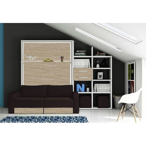Lit escamotable 90x190 avec canapé coffre et étagères Modula-Façade Gris anthracite-Canapé Blanc (1/5)