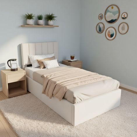 Lit simple 90 x 200, Lit coffre 90x200cm, Lit enfant rembourré, cadre de lit avec sommier à lattes, beige, lin