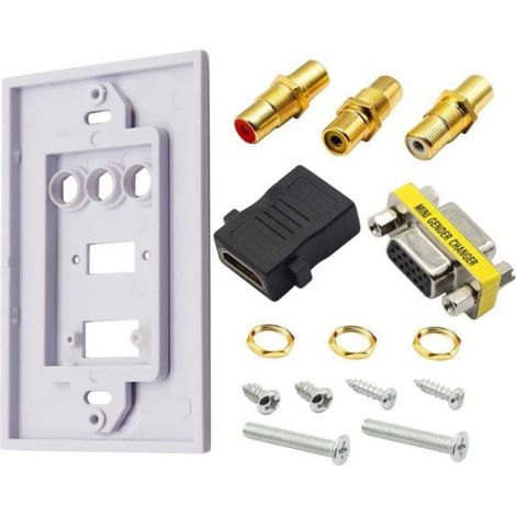 Plaque Murale - HDMI VGA 3RCA - Pour Installation TV Home Cinema - Blanc - 115 x 70 mm - Plastique et Métal - 1 Pièce (1/4)