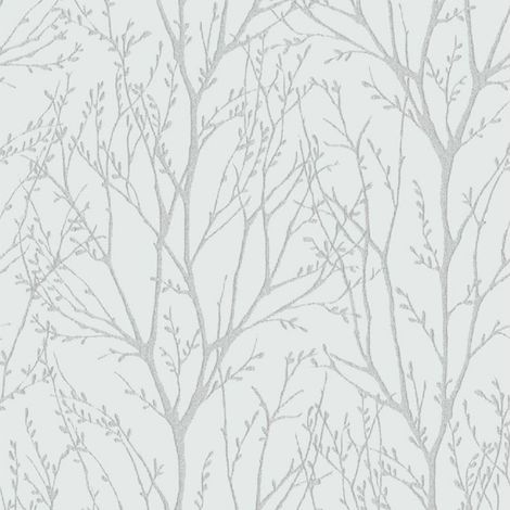 Neutral Wallpaper White Silver Tree Branch Woodland Forest Design Smooth Paper (1/4)