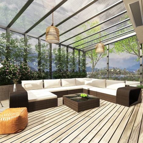 10-tlg. Garten-Lounge-Set mit Auflagen Poly Rattan Braun