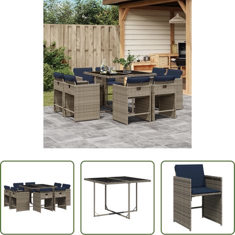 vidaXL Gartenmöbel - 9-teiliges Garten-Ess-Set mit Kissen, grau, Polyrattan (1/5)
