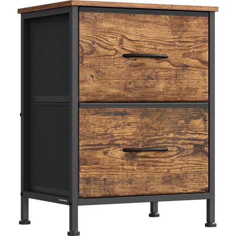 Table de Chevet avec 2 Tiroirs en Tissu Non-tissé, Acier, MDF, pour Chambre, Table d'Appoint, Marron Rustique et Noir d’Encre (1/5)