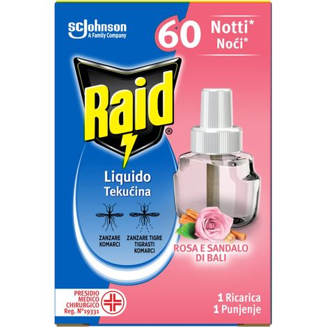 Raid Liquido Elettrico Antizanzare Comuni e Tigre, Ricarica, Fragranza alla Rosa e al Sandalo di Bali, Confezione da 1 Ricarica da 36ml, 60 Notti (1/3)