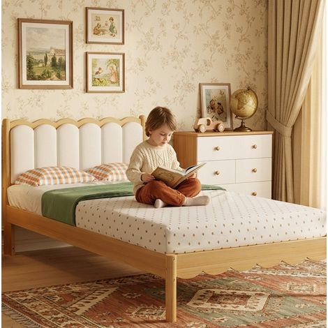 Letto singolo per bambini imbottito stile ondulato in legno massello beige/naturale 90x200 cm con testiera PU e rete a doghe
