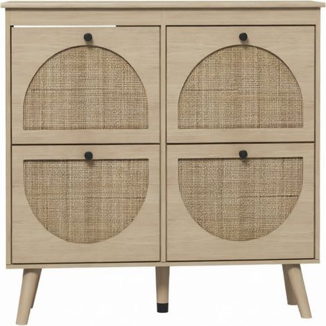 Scarpiera compatta effetto legno naturale con 4 ribalte e frontali intrecciati in rattan (1/4)