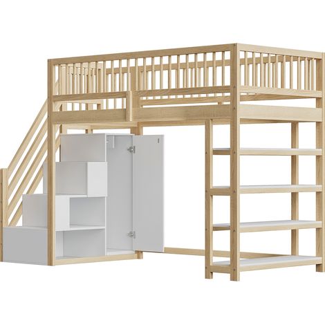 Cama Alta 90 x 200 Cm Con Armario, Estantes Y Almacenamiento, Sin Colchón, De Madera Maciza, Madera (1/5)
