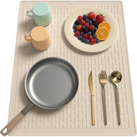 Tapis égouttoir à Vaisselle 40 X 50 cm avec Rainures Intégrées, Tapis De Séchage Plat en Silicone, Résistant à La Chaleur Et Facile à Nettoyer, Plan De Travail/évier Multifonction (Beige) (1/5)