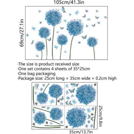 Stickers Muraux Pissenlit Bleues Autocollant Mural Fleurs Allium Papillon Décoration Murale Chambre Enfants Salon TV Mur (1/4)