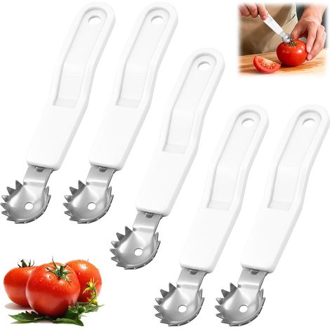 Ensemble de 5 outils pour vider les tomates et équeuter les fraises, en acier inoxydable avec poignée perforée. Outil multifonction pour la préparation des tomates, des fraises et des fruits rouges. F (1/5)