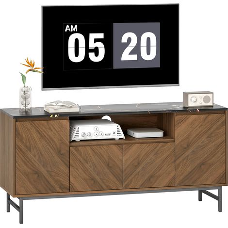 Mobile porta TV per televisori fino a 65 pollici, mobile in legno con vano a giorno e sistema di gestione dei cavi, effetto marmo, 140x39x66 cm, noce.