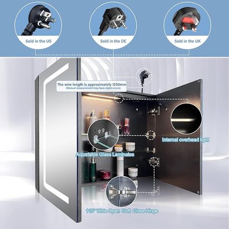LED Bathroom Mirror Cabinet, 80 x 60 cm, Wall Mounted Bathroom Mirror, Anti-Fog, 3 Colours (1/3)