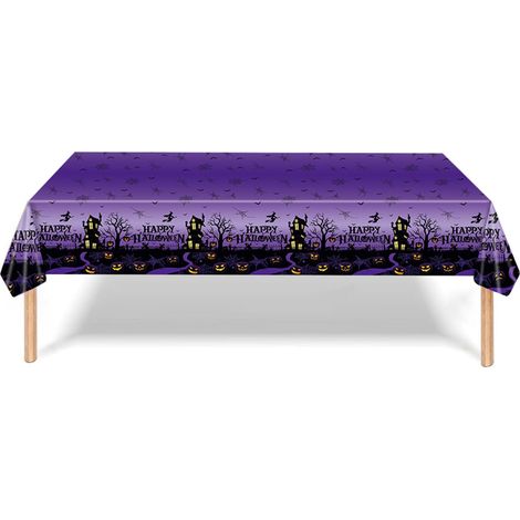 Nappe d'Halloween Violette,137x274 cm Nappe en Plastique Réutilisable à Motifs Épouvantail Violet Joyeux Halloween pour Décoration de Table de Fête,Intérieur/Extérieur (1/2)