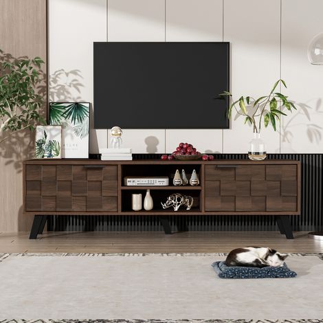 Meuble TV 160,5 cm bois foncé, 2 portes amorties & 2 niches, pieds 15 cm (1/5)