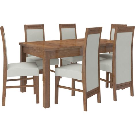 Ensemble table extensible 140-180cm et 6 chaises en bois marron et tissu beige clair Valka (1/5)