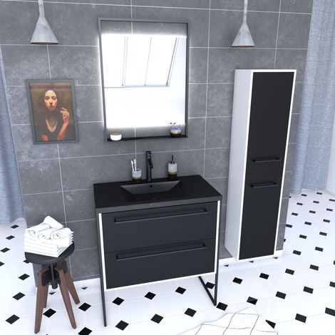 meuble salle de bains 80 cm, vasque noire, miroir led et colonne - blanc et noir - structura (1/4)