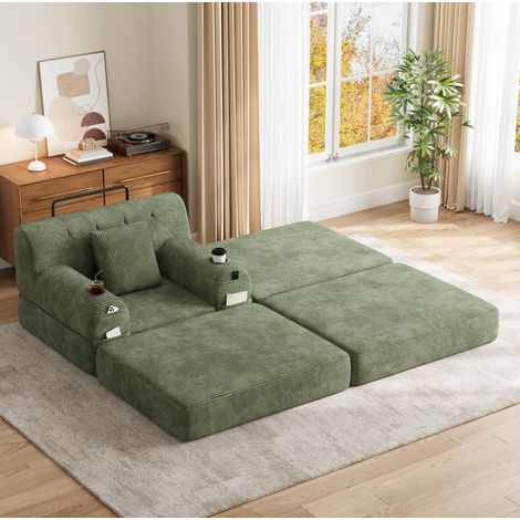 Canapé convertible 191x162x81 cm en tissu côtelé vert, gain de place pour salon FLORAGRACE (1/5)