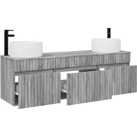 Meuble de Salle de Bain 3 Pièces avec Lavabo et Miroir, Ensemble Vasque Moderne en Bois Couleur Gris Sonoma, Rangement Pratique pour WC (1/5)