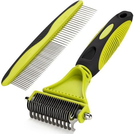 Lot de 2 outils de démêlage pour animaux de compagnie : rateau à sous-poil double face et peigne démêlant pour démêler les poils emmêlés ou noués. (1/4)
