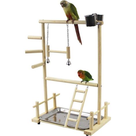 Support à oiseaux en bois à double niveau avec échelle, balançoire et clochette. Support pour oiseaux de sport. (1/5)