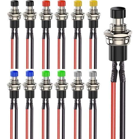 12 vorverdrahtete 7-mm-Momentan-Drucktaster, 3 V, 6 V, 12 V, 24 V, 230 V/1 A, normalerweise offen, SPST, Ein/Aus, 2-poliger Rundtaster für Modelleisenbahnen. (1/4)