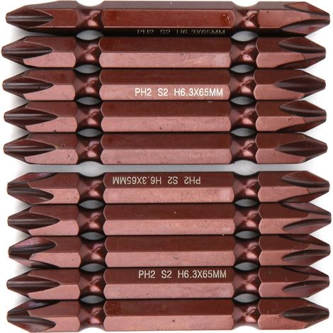 10 embouts de tournevis doubles magnétiques S2 H6,3 x 65 mm, pour vis et outils de quincaillerie (PH2), rouges.