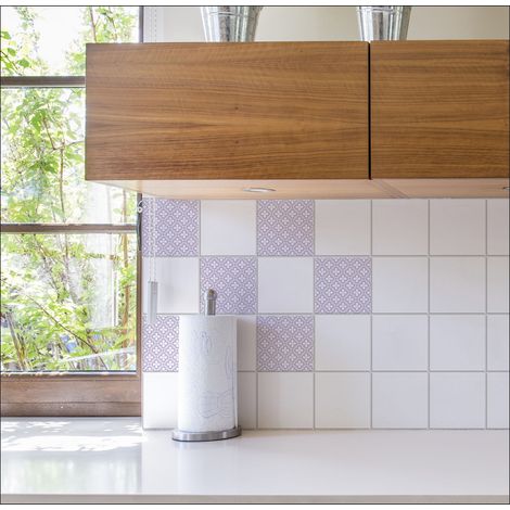 Sticker carrelage adhésif x6, 15 cm X 15 cm, autocollant décoratif, motifs floraux mauve doux, carrelage classique pour décoration intérieure. (1/3)