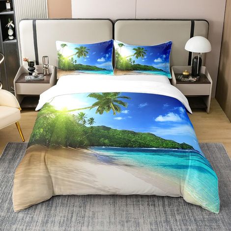 Parure de lit 3 pièces avec housse de couette de 220 x 240 cm et 2 taies d'oreiller, 100 % coton, motif plage hawaïenne, océan et mer, pour enfants (1/5)