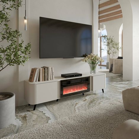 Mobile porta TV Vicino, Madia da salotto con due ante battenti e camino elettrico, Rialzato da terra, 191x40 h58 cm, Beige (1/5)