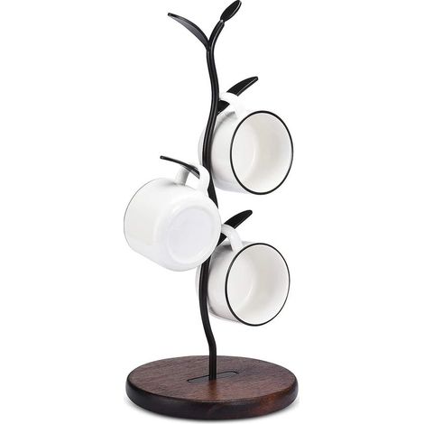 Supporto per tazze, albero porta tazze da caffè per bancone, porta tazze da caffè e da tè per piano di lavoro, accessori per bar e organizer da cucina, nero (nero, 4 ganci) (1/4)