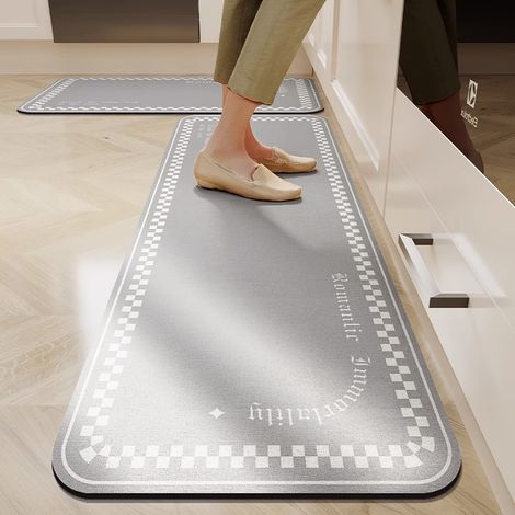 Tapis de sol cuisine en terre de diatomée – Absorbant eau & huile, antidérapant, style wabi-sabi, gris fantôme, coins arrondis, 40 x 60 cm-lsw