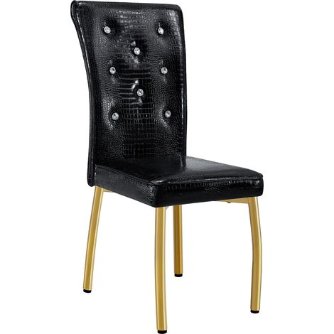 Lot de 2 chaises de salle à manger rétro, revêtement similicuir effet alligator, boucle en cristal, pieds métal doré, élégance et mystère (1/5)