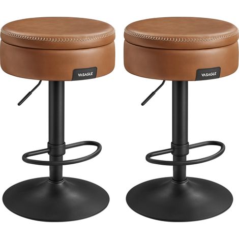 Tabouret de Bar Pivotant à 360°, Lot de 2, Hauteur Réglable, avec Rangement, PU avec Coutures, Style Moderne Mi-siècle, pour Cuisine, Bar, Montage Facile, Marron Caramel (1/5)