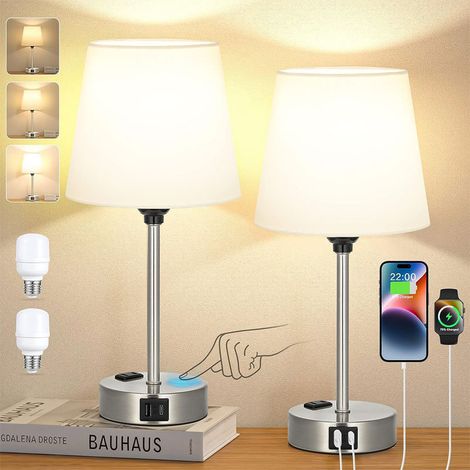 Lampe de chevet tactile avec ports USB-A+C+AC, 2 ampoules, 3 dimmables, abat-jour en lin blanc, base en argent givré, convient pour chambre, salon, chambre d'enfants, bureau [Classe d'efficacité énerg